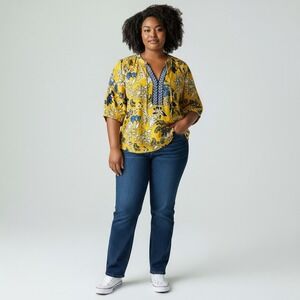 Talbots Plus Women 3X Yellow Floral Split Neck Blouse Blue Botanical Puff Sleeve